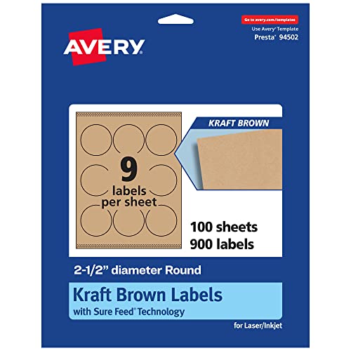 Avery Kraft Brown Round Labels, Sure Feed Technology, 2.5
