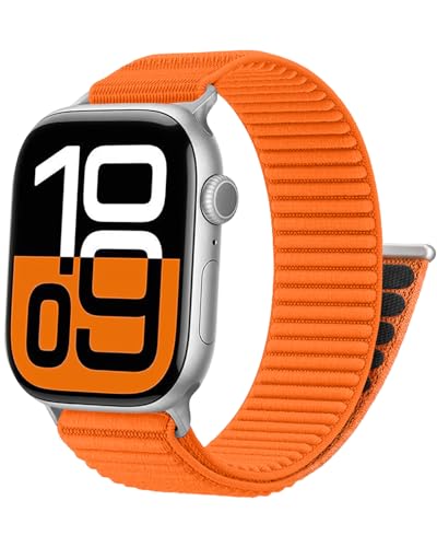 Nylon Loop Sport Band Compatible with Apple Watch Band 38mm 40mm 41mm 42mm 44mm 45mm 46mm, Soft Adjustable Replacement Strap for iWatch SE 3/ SE 2/ SE/ Series 11 10 9 8 7 6 5 4 3 2 1 for Women Men (Orange, 44/45/46/42mm(Series 3/2/1))