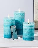 Stmarry Gradient Teal Flameless Candles with Remote and Timer, Real Wax Made LED Pillar Candles Battery Operated with 3D Flickering Flame - 3' x 4',5',6' - Set of 3 Turquoise Candles