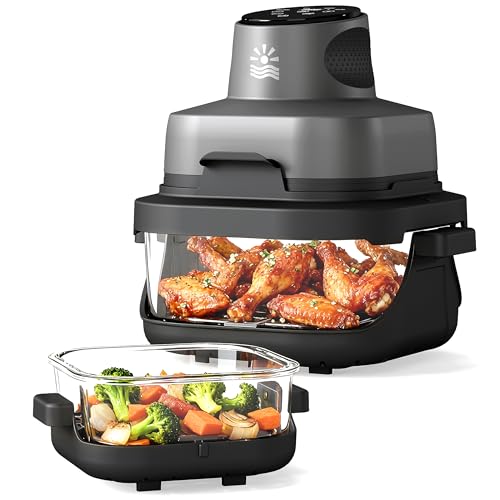 4-in-1 Portable Glass Air Fryer - 1500W, 400°F Precise Heat, 4.2QT & 1.6QT Dual Glass Containers and Lids, Non-Toxic, Max Crisp/Bake/Air Fry/Recrisp,Microwave, Freezer & Dishwasher Safe