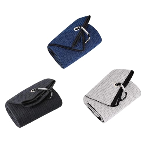 Yuwnd 3 Stück Golf Handtuch, Zum Aufhängen an Golfschlägertasche Golfhandtuch,Das Faltbare Praktische Golfzubehör, Golf Zubehör Herren Mit Karabiner-Clip(Schwarz/blau/Hellgrau)