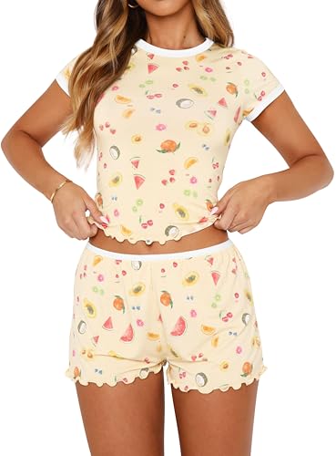 Image of INFITTY Womens Cute Pajamas Sets Summer Trendy Lounge Sets Y2k Pajamas Short Sleeve Fitted Crop Top Shorts PJ Set Sleep Set