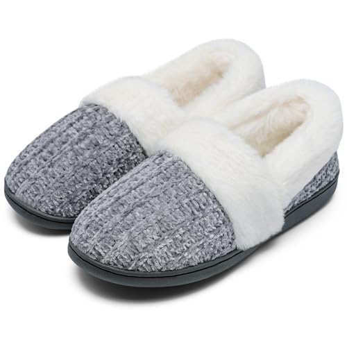 Bigwow Women's Fuzzy Slippers with Memory Foam Chenille Knit Slip On Plush Lined Closed Back-Heel House Slipper Warm Cozy Indoor Outdoor Shoes