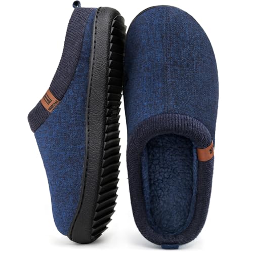MERRIMAC Men's Slip on Slippers Comfy Memory Foam Non Slip Indoor House Shoes Navy Blue,12-13 US