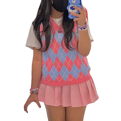 Hyipels Sweater Vest Women,Sleeveless V Neck Argyle Plaid Long Preppy Loose Knitted Casual School Sweaters Tank Top3