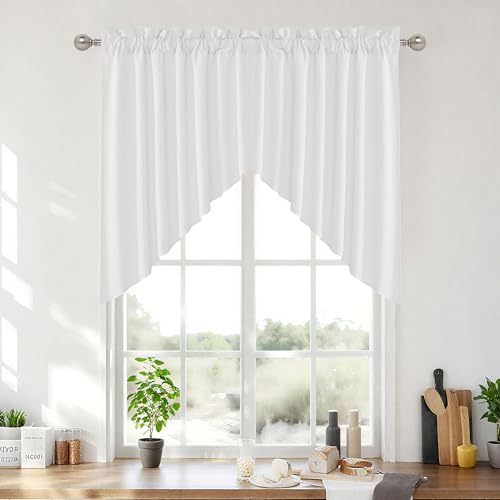 RYB HOME 2 Panels Valance for Windows Thick Faux Linen Blended Light Filtering Privacy Protect Short Swag Topper for Kitchen Bathroom Cabinet, Rod Pocket, White, W 36 x L 36 inch