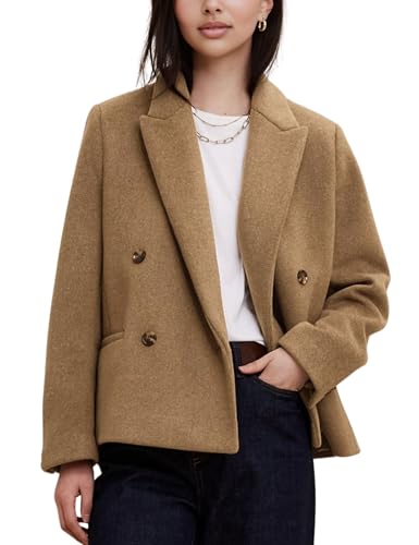 Image of QIBABU Womens Winter Wool Blend Pea Coat Short Double Breasted Notched Lapel Blazer Overcoat(2164-Camel-S-QB)