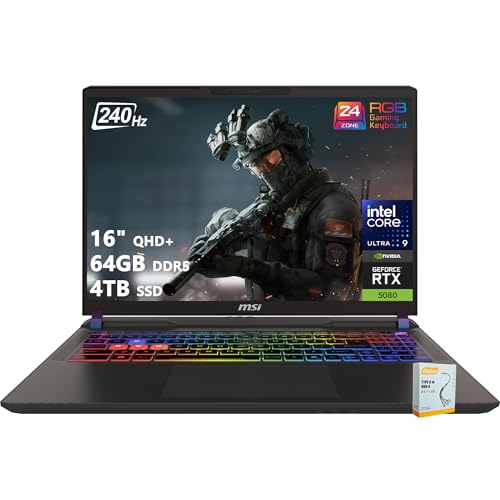 Image of msi Vector 16 HX AI Gaming Laptop | 16 inch QHD+ IPS 240Hz | Intel Core Ultra 9 275HX | 64GB DDR5 4TB SSD | GeForce RTX 5080 (Up to 1334 AI Tops) | RGB Backlit Thunderbolt 5 Win11 w /DLCA Accessory