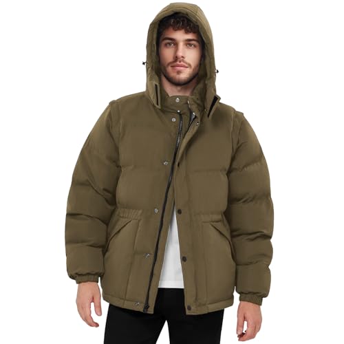 WEEN CHARM Men's Removable Sleeves Winter Coat Puffer Vest Waterproof Parka Jacket Warm Thicken Ski Coat with Removable Hood