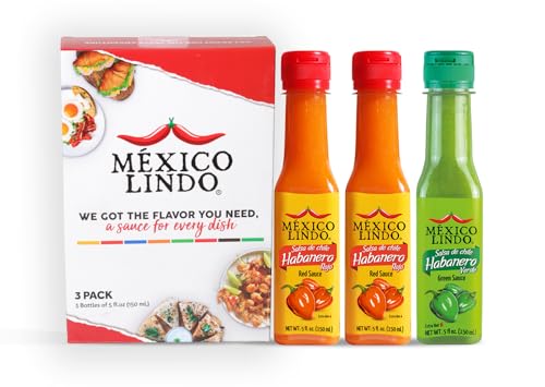 Image of Mexico Lindo Hot Sauce Variety Pack | Includes Two Red Habanero & One Green Habanero Hot Sauces | 5 Fl Oz Bottles (Pack of 3)