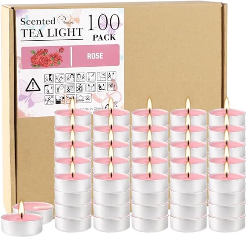 Howemon Pink Rose Scented Tealight Candles - 4 Hours - Giant 100 Bulk Packs - Smokeless Tea Lights for Valentine's Day, Weddings, Christmas, Home Decorative
