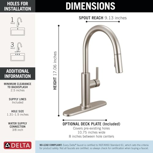 Image of Delta Nicoli Brushed Nickel Kitchen Faucet with Pull Down Sprayer, Modern Single Hole Kitchen Sink Faucet, Single Handle, Stainless Steel 19867LF-SS