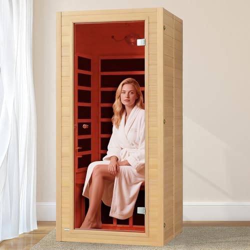 Real Relax Far Infrared Sauna for Home, 1 Person Indoor Home Sauna Low Emf, Canadian Hemlock Wooden Dry Saunas Room with Bluetooth Speakers, 9-Color Light Therapy, 1574w/110v for Personal Spa