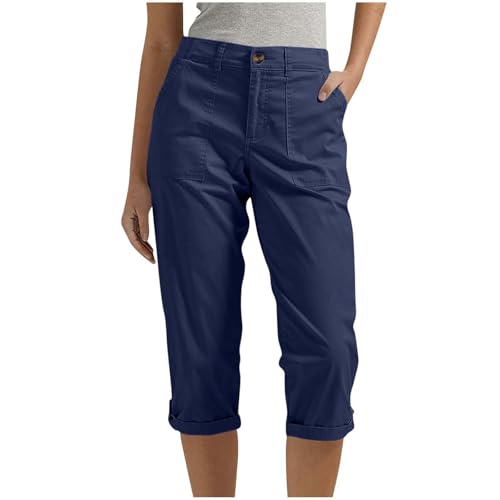 Pantacourt cargo 3/4 femme en coton uni avec poches et braguette zippée