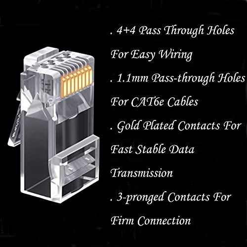 CAT6 Pass Through RJ45 Connectors End Plugs 25 Pack 8P8C 24AWG Ethernet Network Lan Flat Round Cable STP FTP Crimp Modular Gold Plated Connector CTA5e CAT5