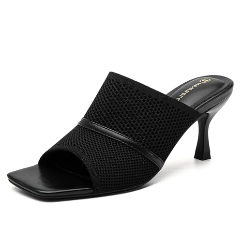 Mousse Fit Women's Mesh Heeled Sandals, Square Open Toe Heeled Mules for Women, Commute Slip On Stiletto Heeled Slides