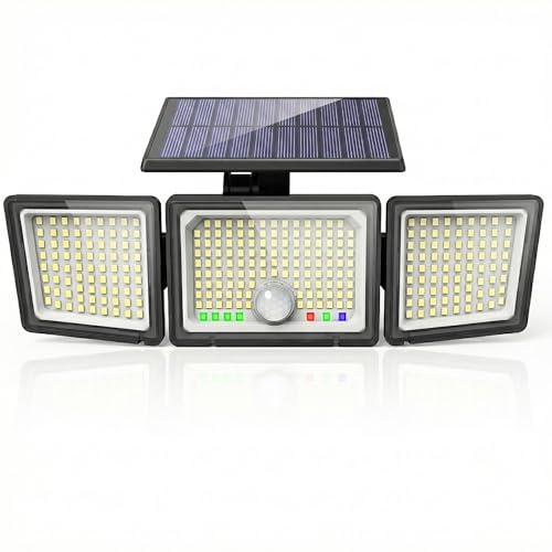 Luce Solare Esterno, 286 LED 3500LM Faro Solare con Sensore di Movimento, Display Batteria e Indicatori Modalità, 3 Teste Regolabili 6500K Luce Fredda, IP65 Impermeabile per Giardino, Garage (1 Pezzo)
