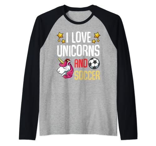 Amo los unicornios y el campo de fútbol divertido jugador del equipo de fútbol Camiseta Manga Raglan