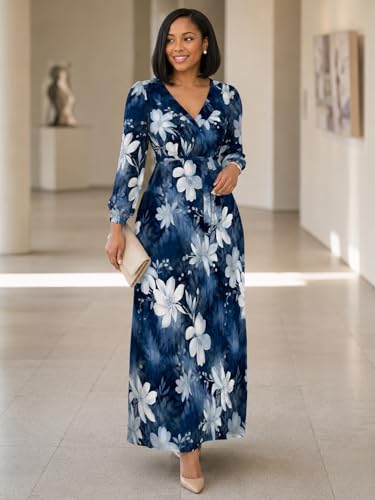 Image of PinkPatty Plus Size Dresses for Curvy Women V Neck Flowy Long Sleeves Wrap Maxi Dress Travel Vacation Outfits