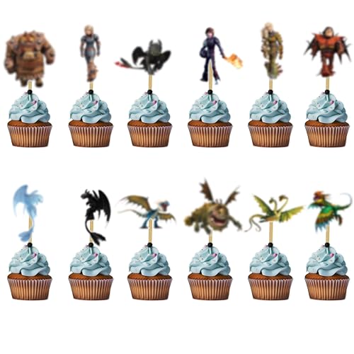 How To Train Your Dragn Cupcake Topper Decorations Fantasy-Themed Cake Picks Featuring Toothless Dragns Viking Symbols Fun Party Supplies for Birthdays & Celebrations