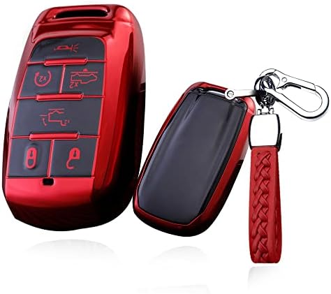 SANRILY Soft TPU 6 Button Key Fob Cover for Dodge Ram 1500 2019-2022 Full Protection Keyless FSmart Key Case Shell with Keychain Red