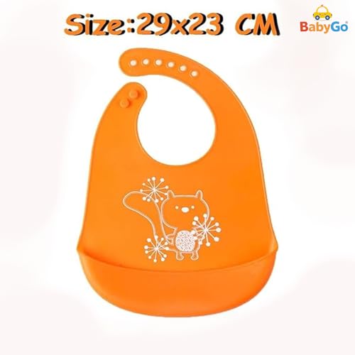 Image of BabyGo Silicone Baby Bib for Feeding & Weaning Infants & Toddlers |Waterproof, Washable & Reusable | Adjustable Neckline, Lightweight & Foldable Bib with Deep Food Catcher Pocket |Orange (Pack of 1)