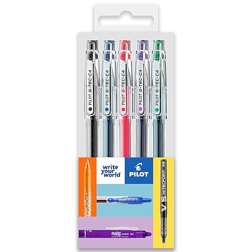 Pilot G-Tec C4 - Bolígrafos de tinta de gel, punta de 0,4 mm, trazo de 0,2 mm, negro, azul, rojo, verde y violeta, paquete de 5 unidades