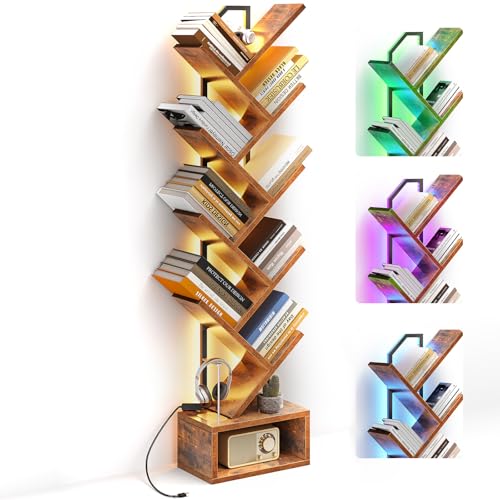 Casaottima Tree Bookshelf with LED Lights, 8-Tier Narrow Bookcase for