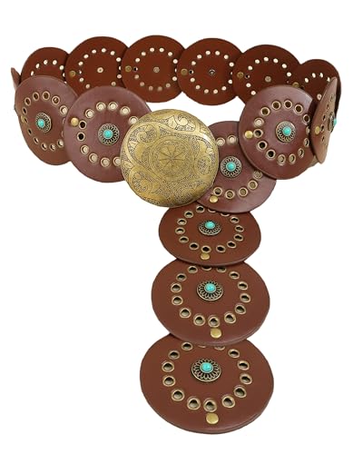 Western Chunky Wide Disc Belt for Women Boho Turquoise Hollow PU Leather Belt for Dresses Jeans with Metal Big Buckle