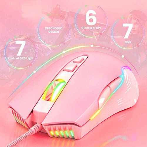 Simgal Rgb Gaming Mouse Wired, Usb Optical Computer Mice With Rgb Backlit, 6 Adjustable Dpi Up To 6400, Ergonomic Gamer Laptop Pc Mouse With 7 Programmable Buttons For Windows Vista Linux (Pink) #TOP1