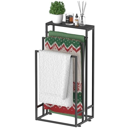 LIANTRAL Freestanding Towel Rail, 3 Tier Bath Towel Rack with Storage Shelf, Indoor Outdoor Towel Storage Stand, Hand Towel Drying Rack for Bathroom, Black