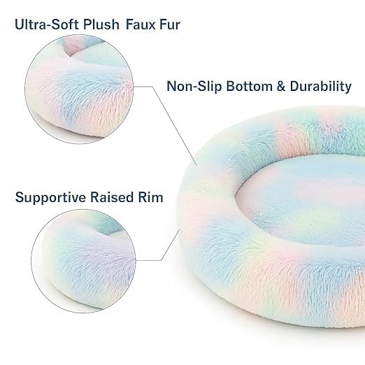 Image of ZEXSAZONE Plush Donut Dog Bed for Dogs & Cats | Soft Calming Anti-Anxiety Pet Bed | Warm Cozy Winter Dog Bed for Puppies | Washable Round Bed (Rainbow Small)