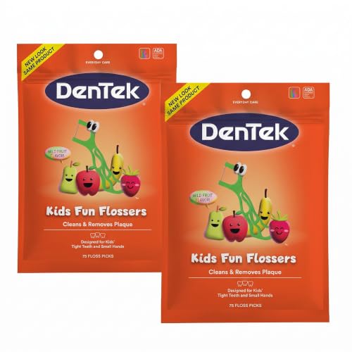 DenTek Fun Flossers – Kids Floss Picks with Wild Fruit Flavor,75 Count (Pack of 6)