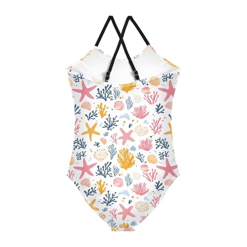 Girls Swimwear 3-10 Years One Piece Halter Swimsuit Coral Starfish Seashell Beach Bathing Suit2