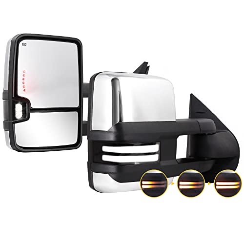 Switchback Towing Mirrors Chrome for 2007-2013 Chevy Silverado Suburban Tahoe Avalanche GMC Sierra Yukon with Power Glass Dynamic Turn Signal Light Backup Lamp Heated Extendable Pair Set