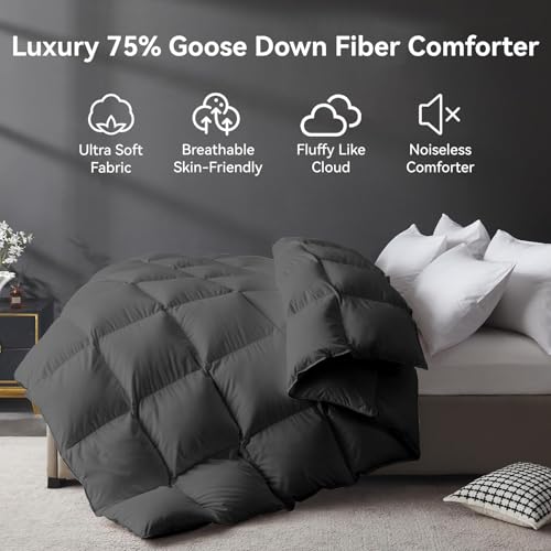 Image of L LOVSOUL Organic 75% Goose Down Fiber Comforter Oversize Queen, Grey | All Season, 850+FP,1200TC,Extra Fluffy,Hotel-Luxury Ultra Soft Duvet Insert with 8 Corner Tabs,98X98IN