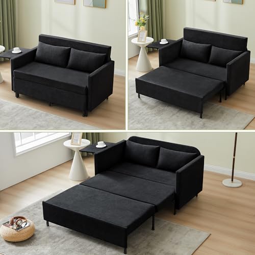 Image of QHITTY Pull Out Couch Bed, 2-in-1 Sleeper Sofa Small Loveseat Bed with Hidden Side Table and Iron Frame for Living Room, Small Space, Apartment (Black)