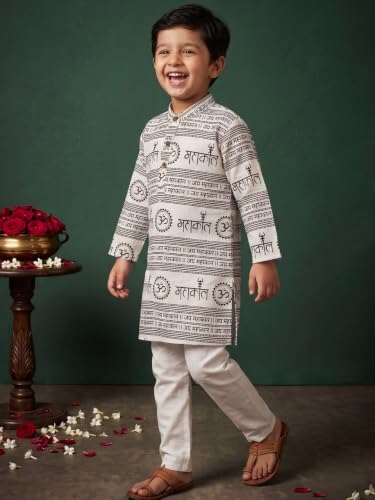 Image of AJ DEZINES Boys Cotton Full Sleeve Letter Printed Kurta Pajama Set for Kids - Ethnic wear | Special Occasion & Traditional Outfit |Boys Kurta Set - Regular Fit