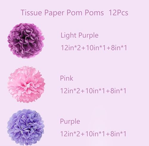 Image of Tissue Paper Pompoms Paper Flower 12 Pcs Pink,Lavender,Light Purple Paper Flower Ball for Birthday Bachelorette Wedding Baby Shower Bridal Shower Party Decoration