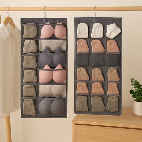 Image of Hanging Wardrobe Organizer with 30 Pockets (Grey) - Dual Side Non-Woven Closet Organizer with Hanger | Wall & Wardrobe Storage for Socks, Bra, Accessories (Pack of 1)