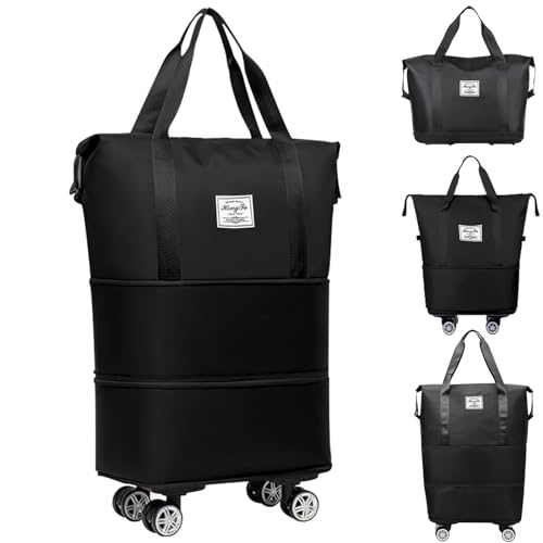 Bolsa de lona con ruedas, expandible, plegable, con ruedas y asa para viajes, bolsa de equipaje con ruedas, bolsa de lona desmontable, bolsa de viaje grande para fin de semana (negro), Black, Bolsa de