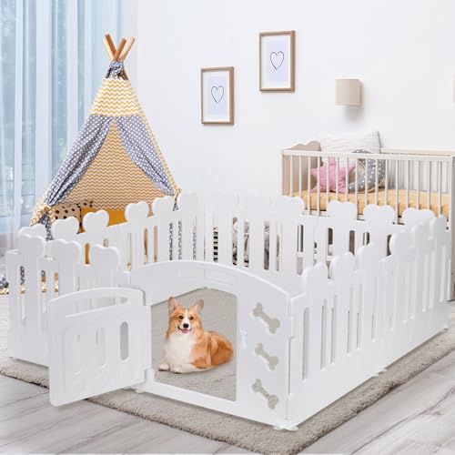 MAMIZO Recinto per Cani da Interno Esterno alto 60cm, Box per Cani 7+1 PCS Pannelli, Recinzione Gatti Pieghevole, Recinto Gatti in Plastica con Cancello, Incluse Ventose e Ancoraggi a Terra, Bianco