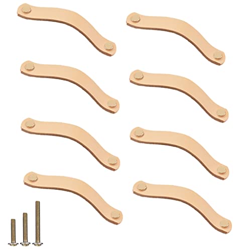 Image of ESreake yusheng 8 Pack Soft Genuine Leather Drawer Pulls Handle,Wardrobe Cabinets Kitchen Closet Knobs Door Pulls Handles knobs with Screws,Home Decoration, Handmade (5.6" / 141mm, Flesh-Colored)