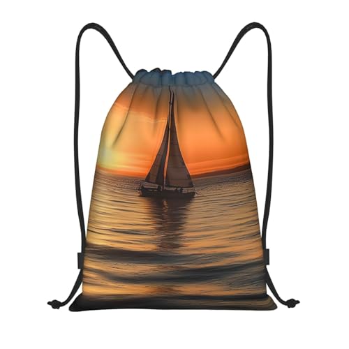 HJTRW Rugzak met trekkoord, waterdicht, tas met trekkoord, zonsondergang, strand, zeilboot, sporttas, zwart, S