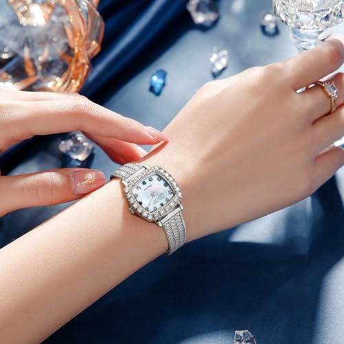 Image of ROCOSJEWE Luxury Silver Diamond Ladies Watch for Women, Square Quartz Wrist Watch with Natural Mother-of-Pearl Dial, Elegant Small Dial, Premium Branded Women's Watch, Gift for Women R0264