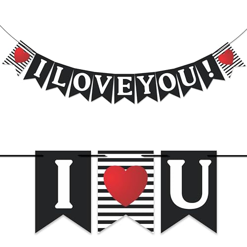 Image of Wobbox White & Black Line Pattern inchI Love You inch Bunting Banner for Anniversary, Pre-Wedding & Wedding, Love Banner for Decoration