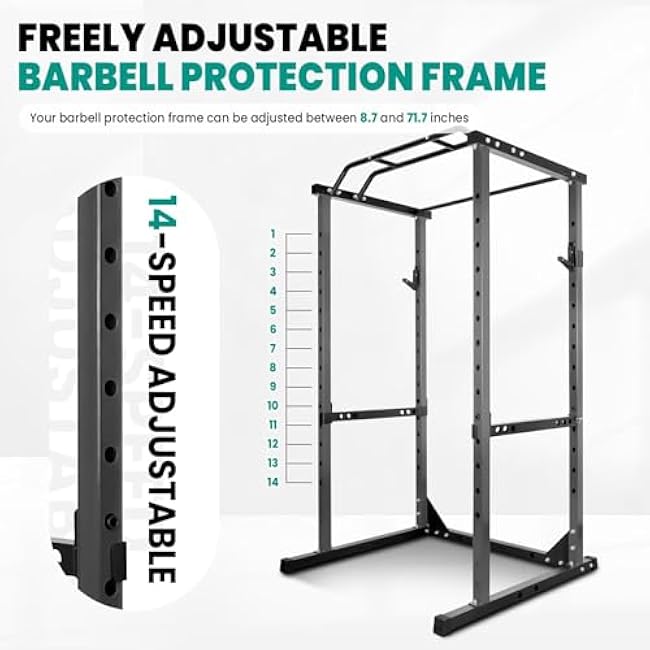 RQR Power Rack, Adjustable Squat and Bench Rack Combo for Home Gym, 1200 LBS Heavy-Duty Power Rack with Pull-Up Bar, 14-Position J-Hooks, Dip Bar & Landmine Attachment Compatible