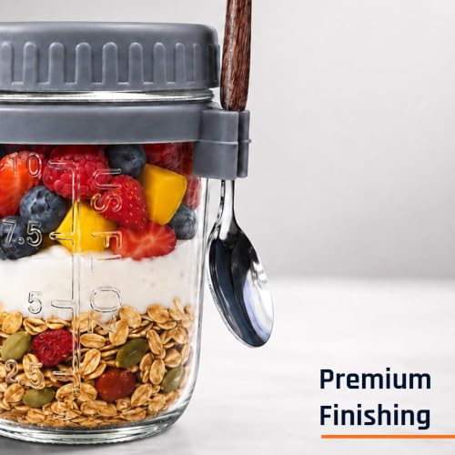 Image of Glass Mason Jars for Overnight Oats, 340 ml, Set of 2 | Leakproof, Airtight & Wide-Mouth Containers with Lids and Spoons | Thick Food-Safe Glass for Yogurt, Cereal and Snacks | Thick food-safe glass with airtight silicone seals and wide mouths for fresh, mess-free meals at home or on the go.