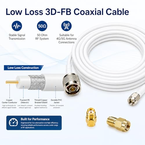 Image of N Male to SMA Male Coaxial Cable 16.5FT with RP-SMA Adapter | White 50 Ohm low loss 3D-FB RF extension, SMA to N antenna cable for signal booster, router, modem, Wi-Fi antenna