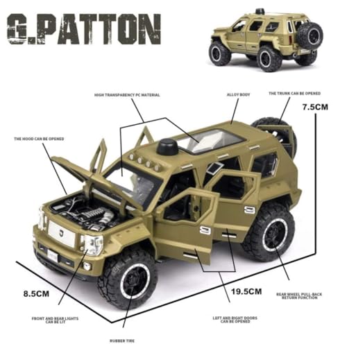 Image of 1:24 George Patton Off-Road Diecast Model Car Metal Pull-Back Vehicle with Sound Light & Opening Door Kids Toy Gift for Boys & Girls Fun Adventure Play (Green)